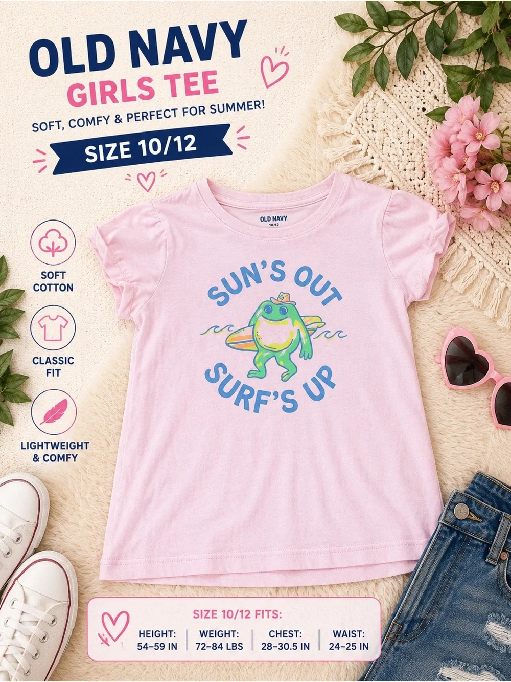 Old Navy Pink Girls Tee with Surf Frog Graphic